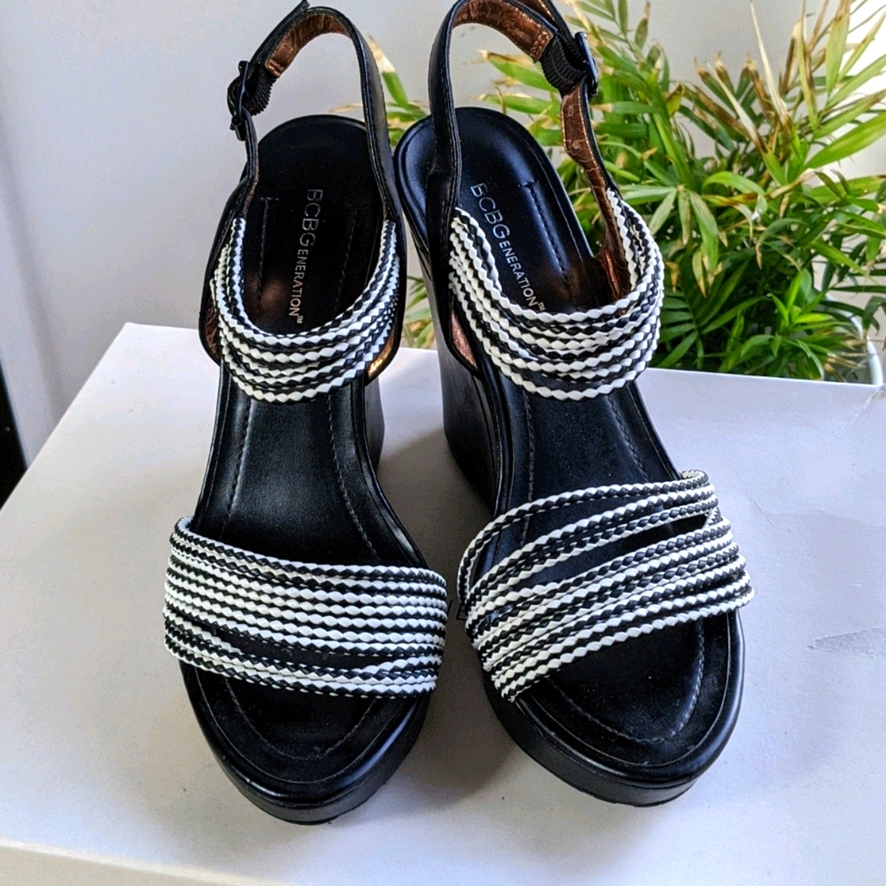BCBG platform strappy wedges